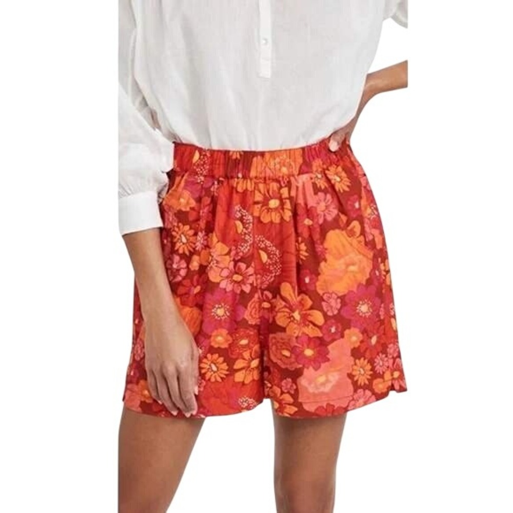 Free People Floral Print Shorts Orange Pink High Waist Button Pocket Size M‎